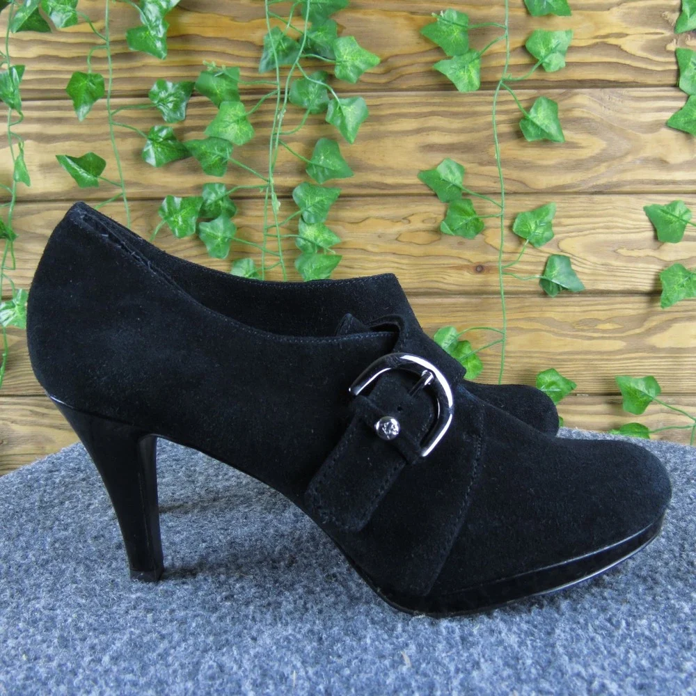 Anne Klein Twinterlyn Women 8.5 Black Suede Buckle Ankle Boots Classic‎ Style